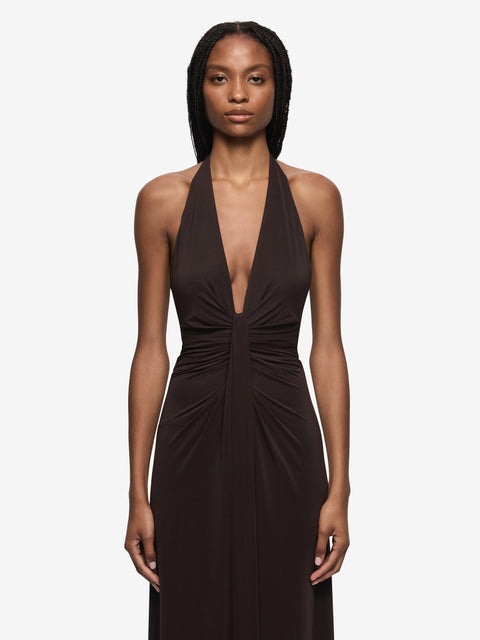 halter neck formal dresses australia Suave - Chamagne Gold Formal Dress | Halter Neck Cowl Scarf backless fitted leg slit XS