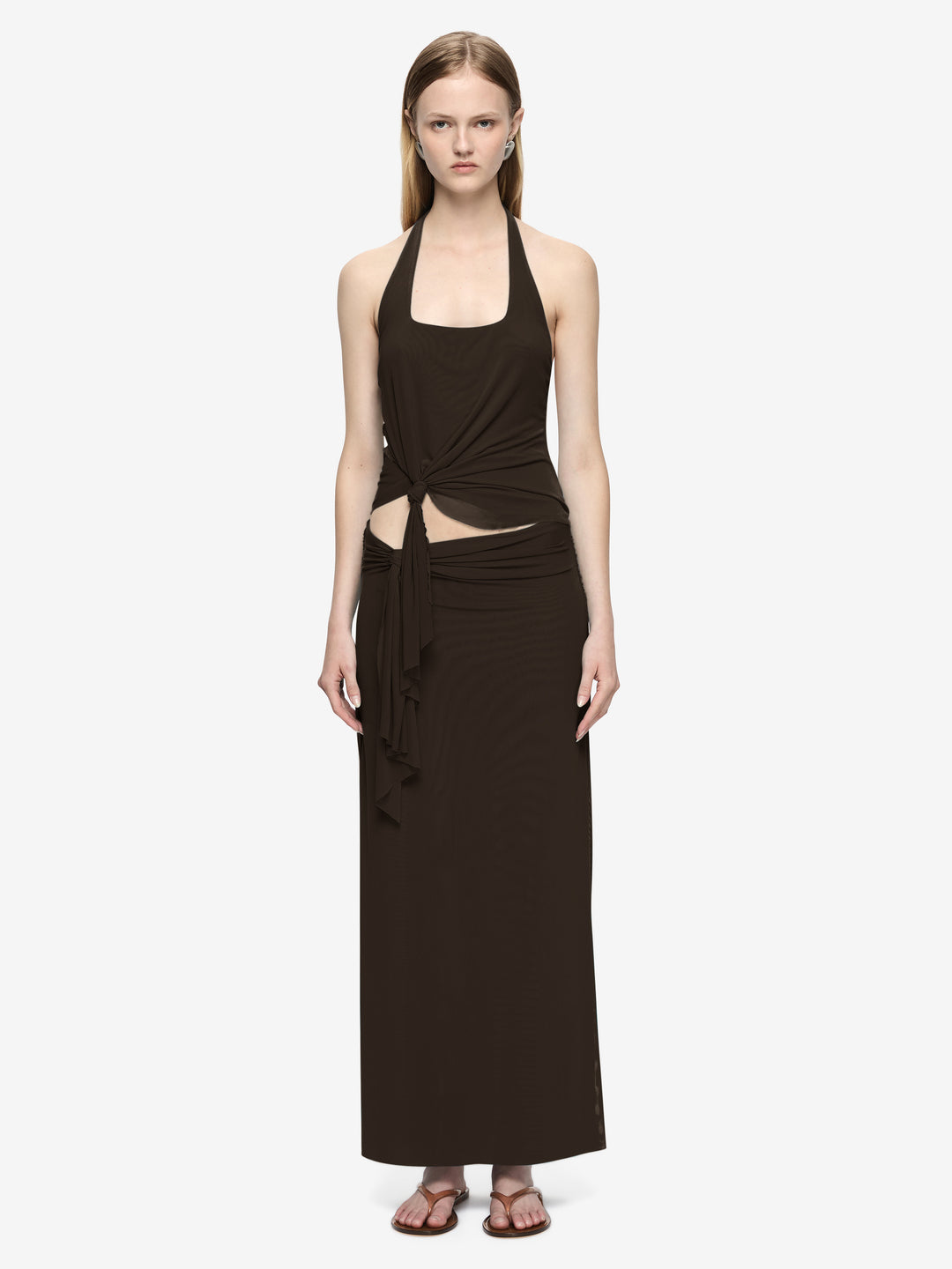 OLYSSIA KNOT HALTER TOP - BITTER CHOC