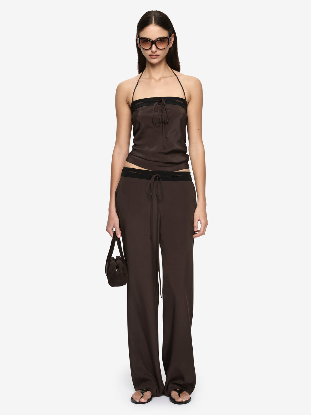 ELENI HALTER TOP - DARK CHOCOLATE/BLACK