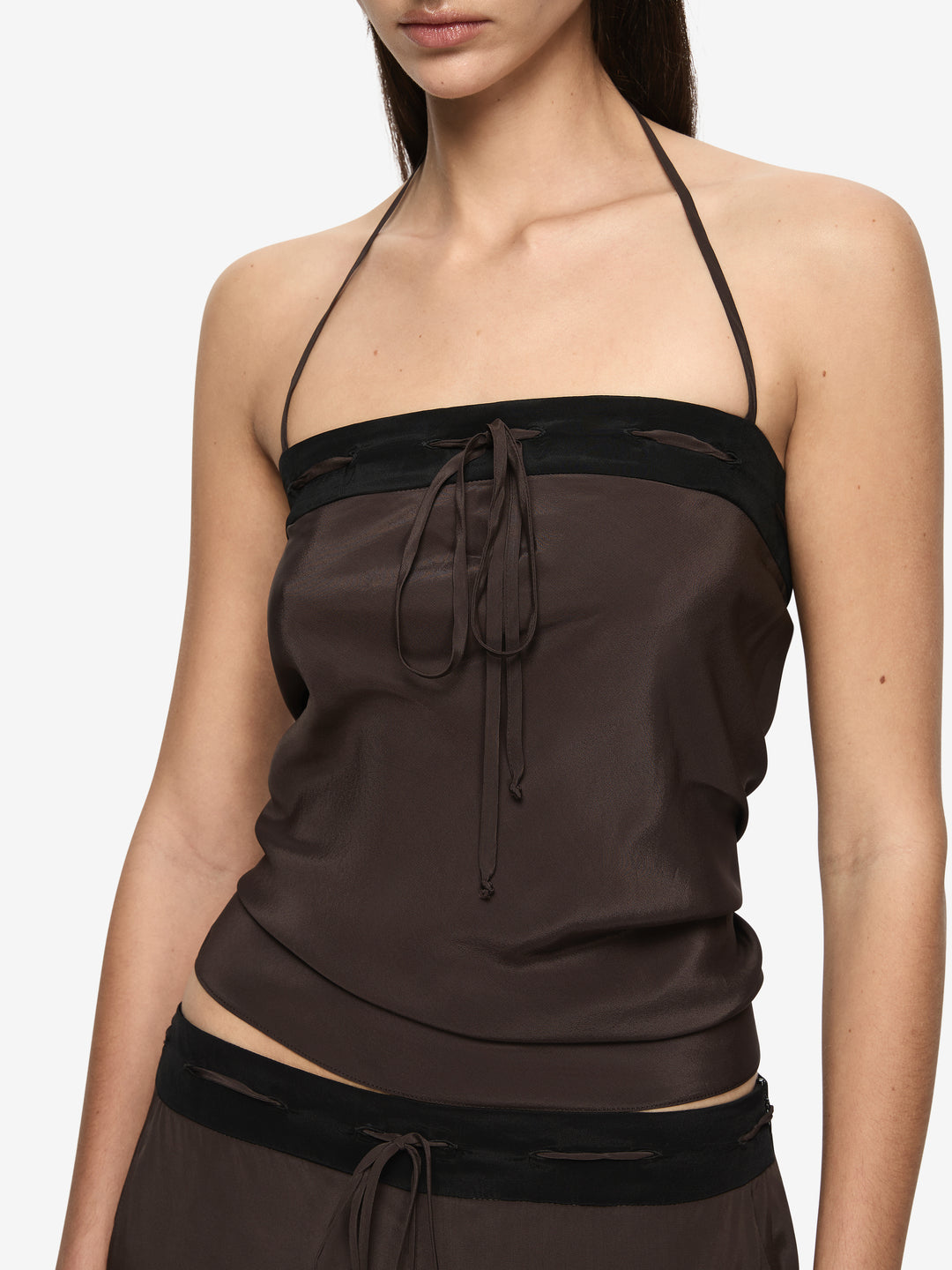 ELENI HALTER TOP - DARK CHOCOLATE/BLACK