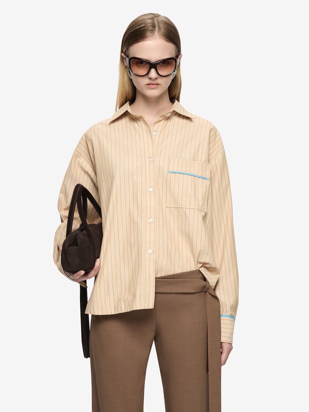 ZANDA SHIRT - TAN PINSTRIPE/AZURE BLUE