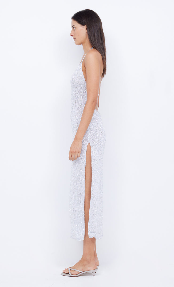 SADIE SPLIT KNIT MIDI DRESS - CRYSTAL