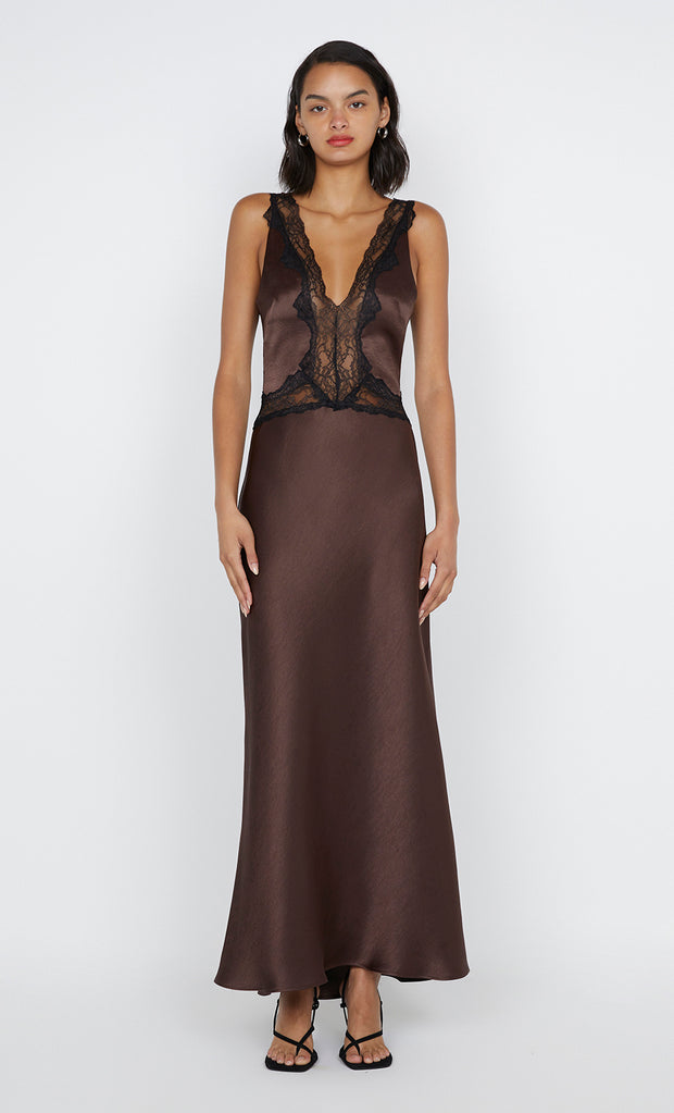 ALLEGRA LACE TRIM DRESS - DARK CHOCOLATE/BLACK