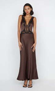 ALLEGRA LACE TRIM DRESS - DARK CHOCOLATE/BLACK