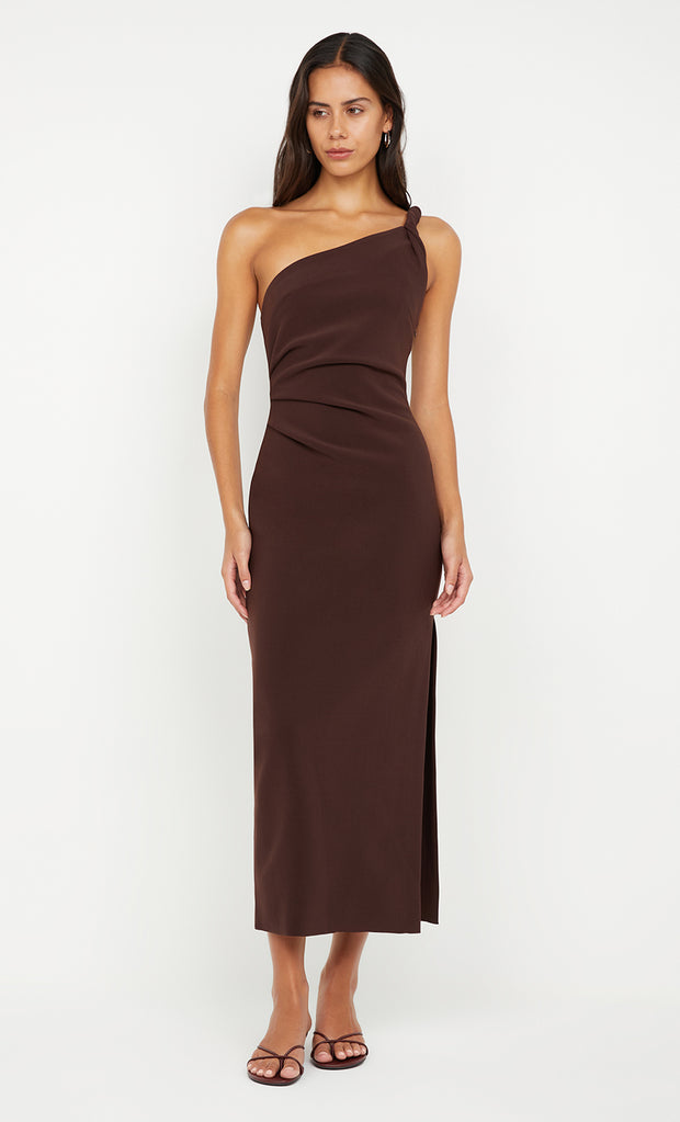 ARIVEN ASYM MIDI DRESS - DARK CHOCOLATE