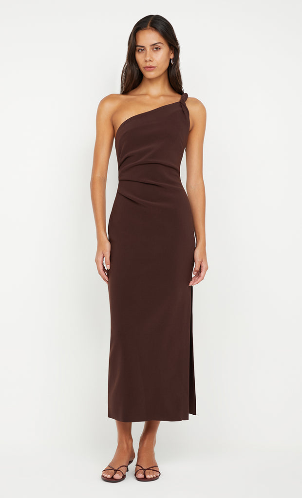 ARIVEN ASYM MIDI DRESS - DARK CHOCOLATE
