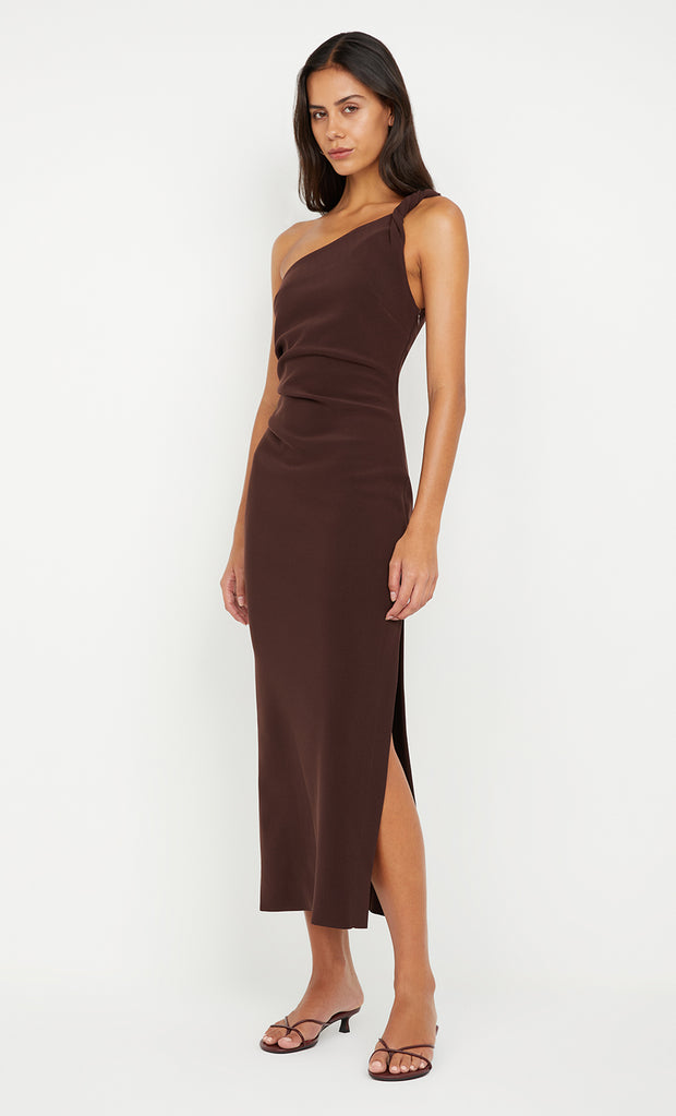 ARIVEN ASYM MIDI DRESS - DARK CHOCOLATE