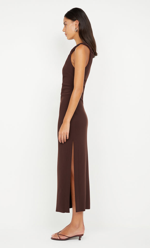 ARIVEN ASYM MIDI DRESS - DARK CHOCOLATE