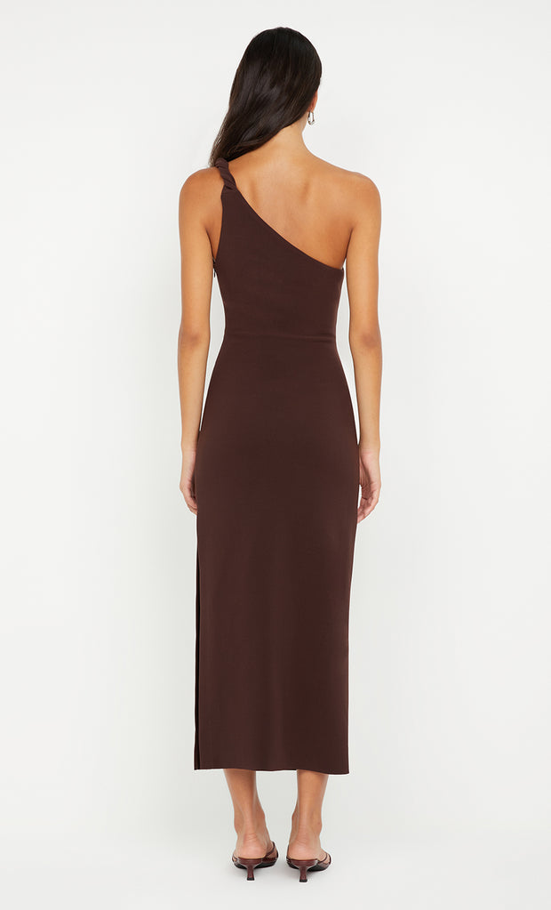 ARIVEN ASYM MIDI DRESS - DARK CHOCOLATE