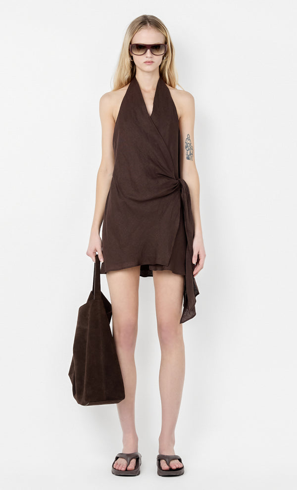 AUBREE WRAP MINI DRESS - DARK CHOCOLATE