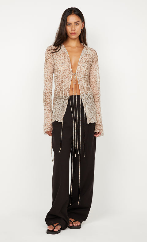 FELINE TIE BLOUSE - LEOPARD FADED
