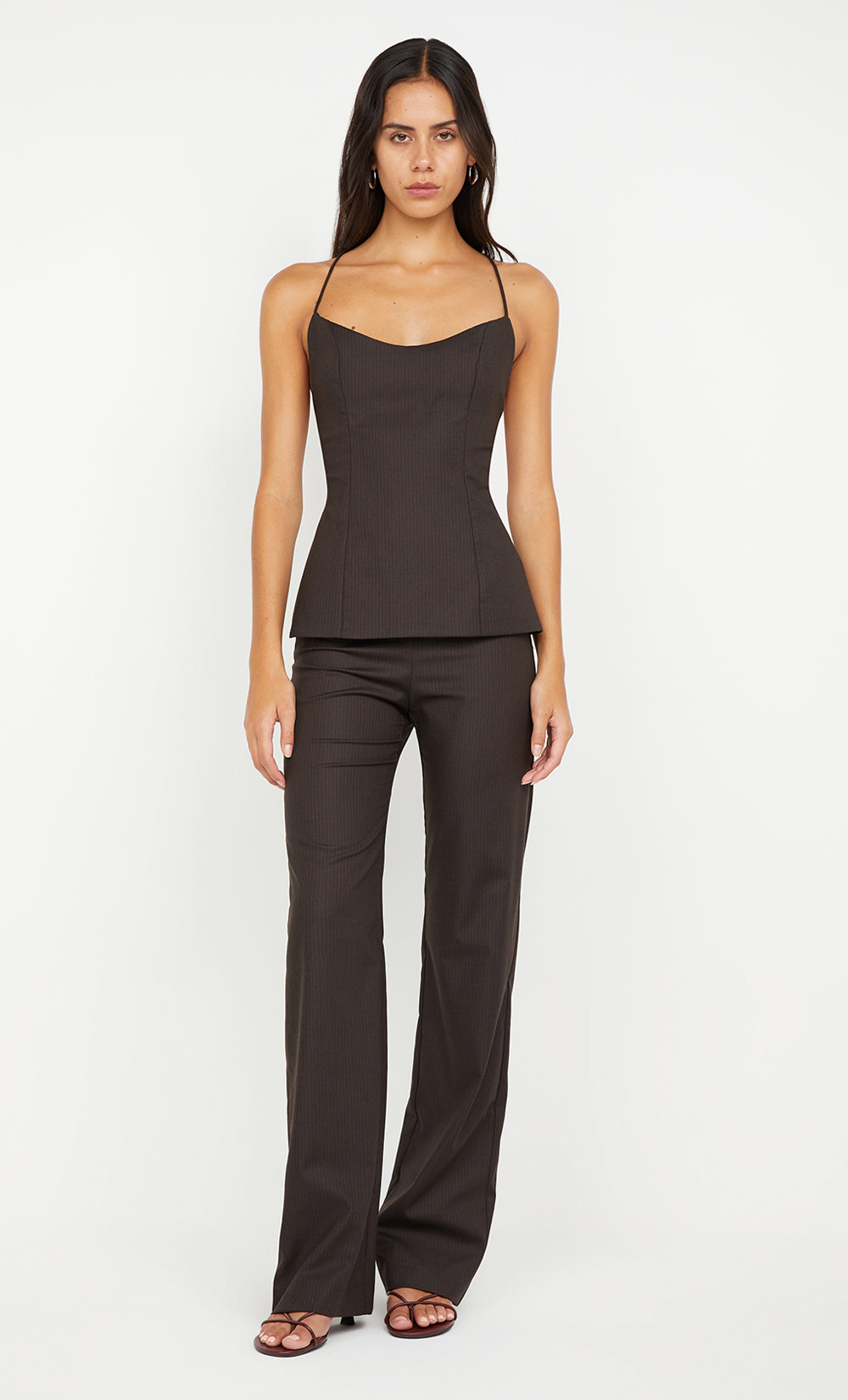INGRID TIE TOP - CHOC PINSTRIPE
