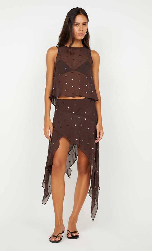 ARIELLE ASYM SKIRT - DARK CHOC SEQUIN