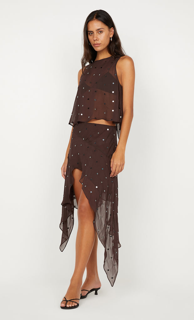 ARIELLE ASYM SKIRT - DARK CHOC SEQUIN
