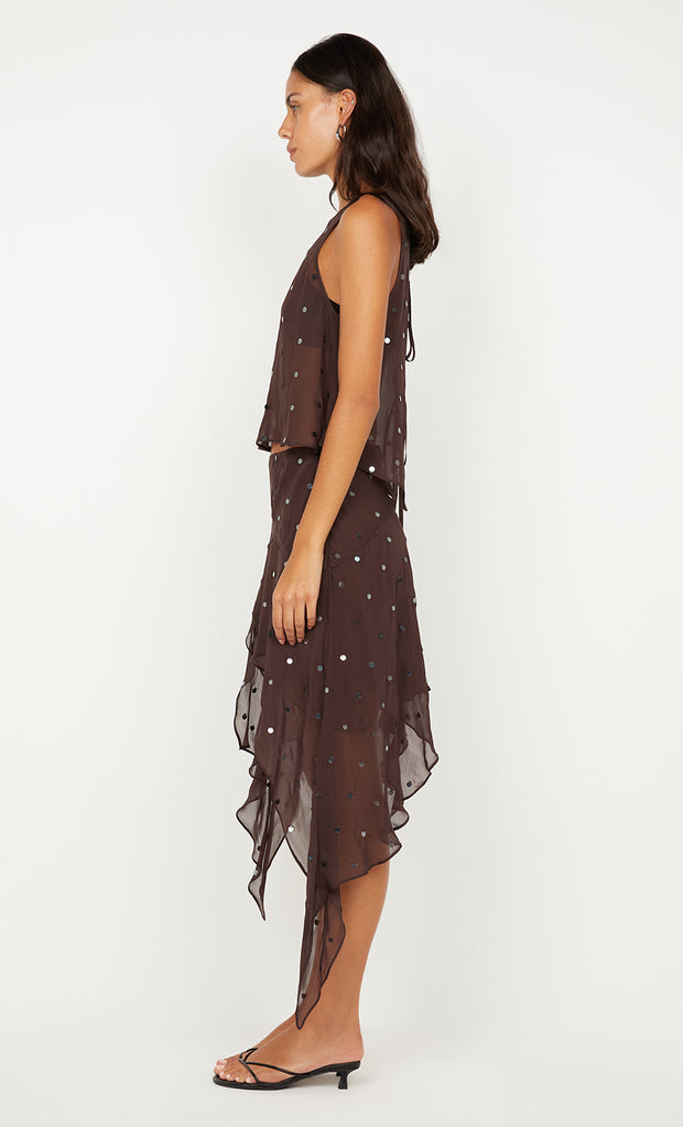 ARIELLE ASYM SKIRT - DARK CHOC SEQUIN