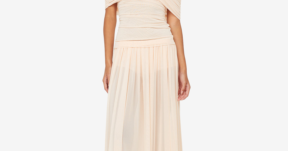 peach off the shoulder draped top midi dress CAMILLE OFFSHOULDER TOP - PEACH
