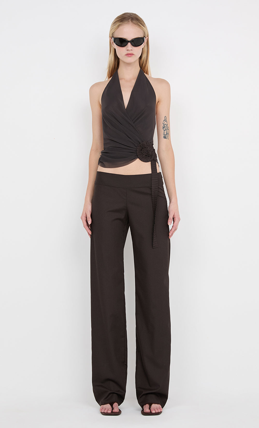 INGRID SPIRAL HALTER TOP - CHOC PINSTIPE