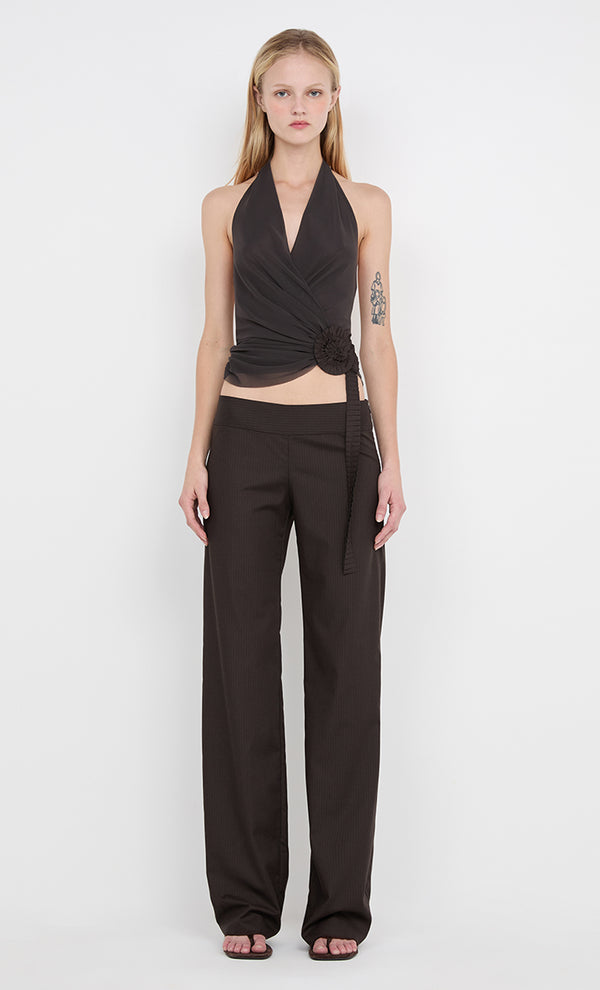 INGRID SPIRAL HALTER TOP - CHOC PINSTIPE