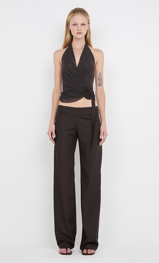 INGRID SPIRAL HALTER TOP - CHOC PINSTIPE