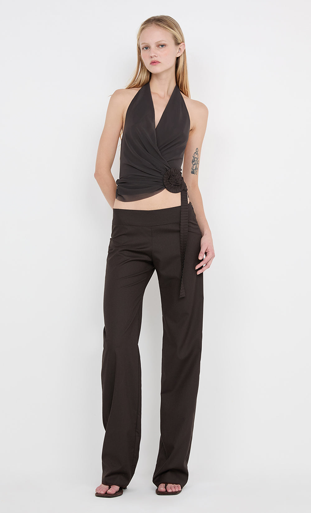 INGRID SPIRAL HALTER TOP - CHOC PINSTIPE