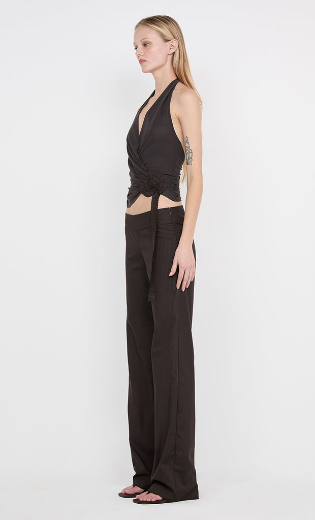 INGRID SPIRAL HALTER TOP - CHOC PINSTIPE