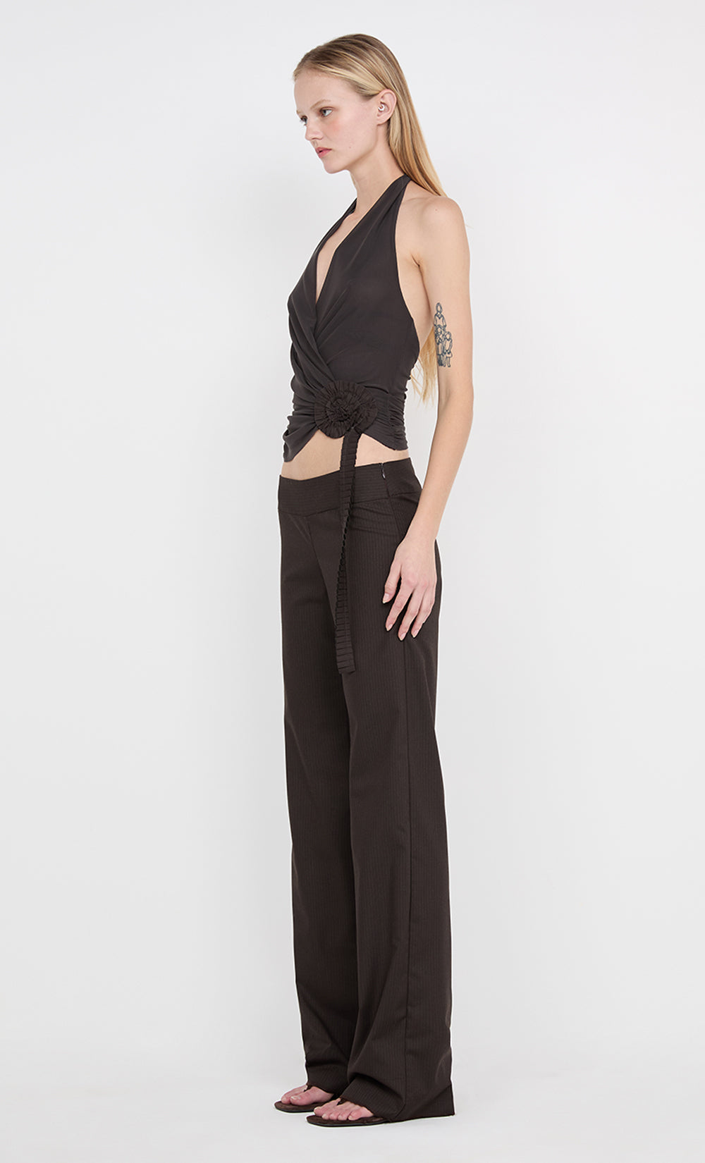 INGRID SPIRAL HALTER TOP - CHOC PINSTIPE