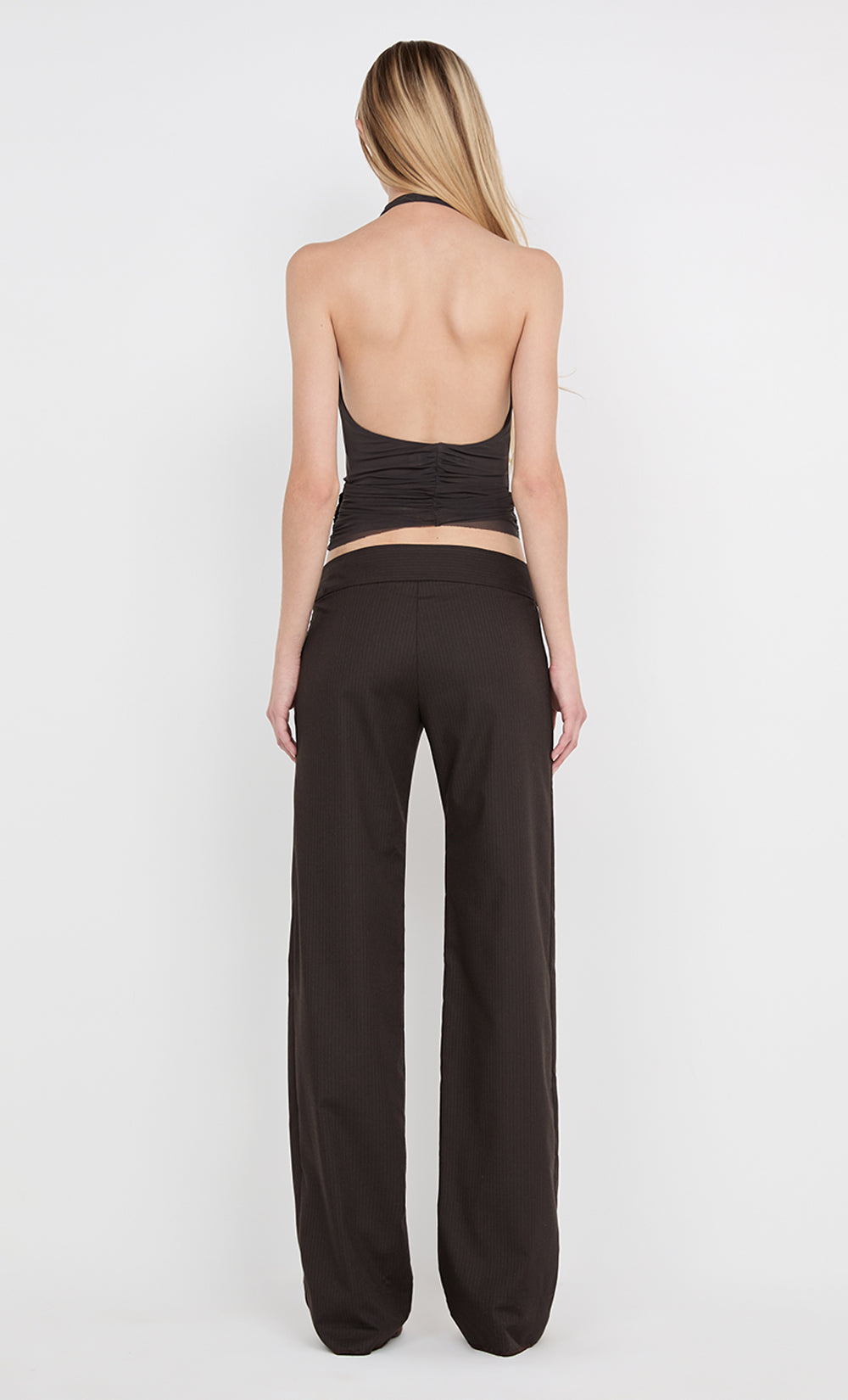 INGRID SPIRAL HALTER TOP - CHOC PINSTIPE