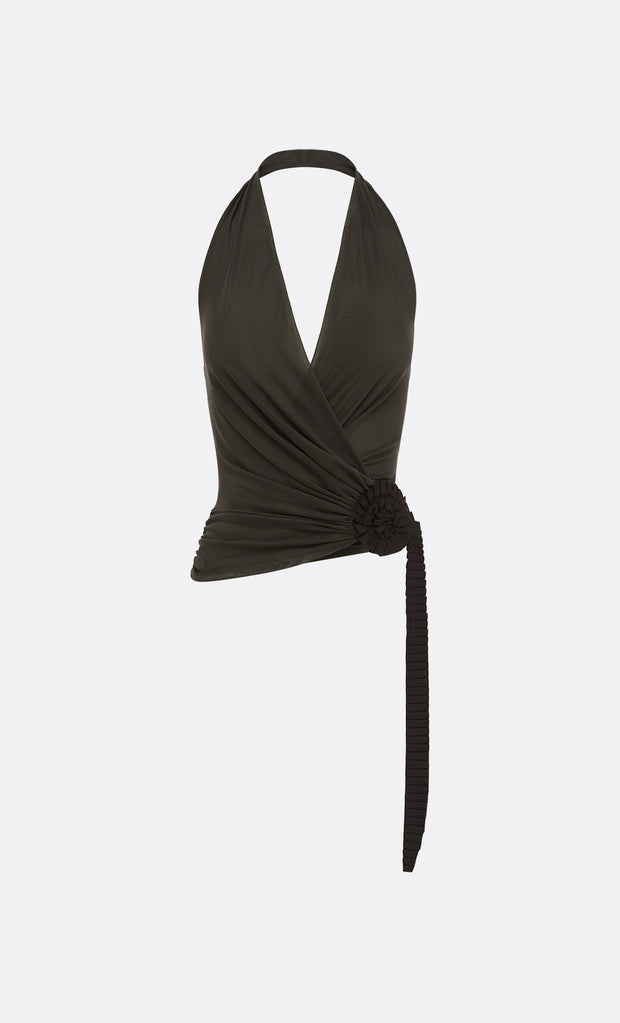 INGRID SPIRAL HALTER TOP - CHOC PINSTIPE