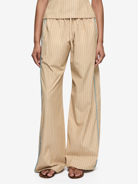 ZANDA DRAWSTRING PANT - TAN PINSTRIPE/AZURE BLUE