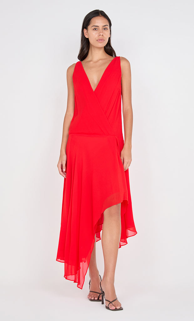 RHONE WRAP ASYM DRESS - CHILLI