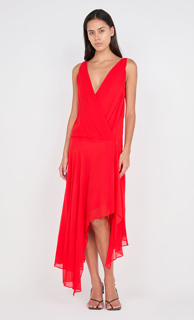 RHONE WRAP ASYM DRESS - CHILLI