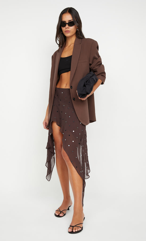 ARIELLE ASYM SKIRT - DARK CHOC SEQUIN