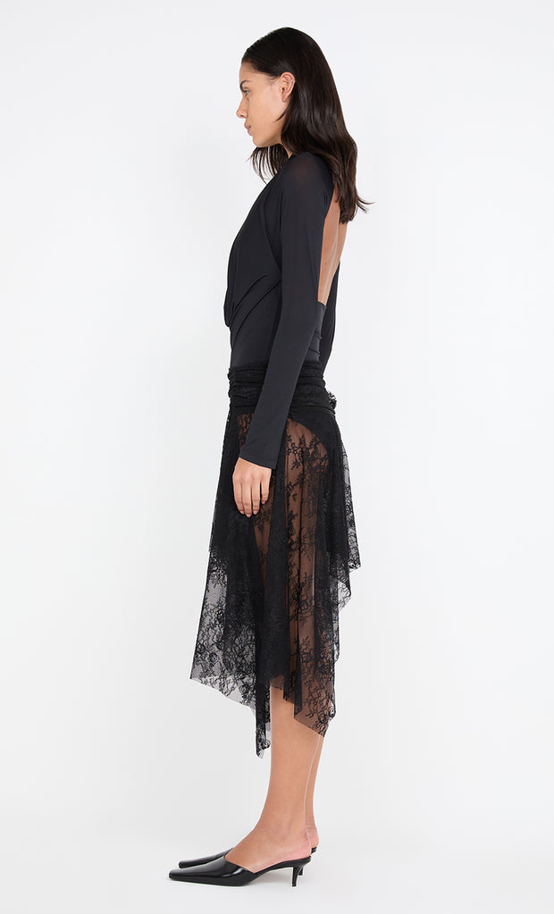 AUDREY SHEER ASYM SKIRT - BLACK
