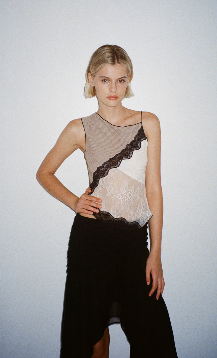Abrielle Asym Lace Tank in Taupe Ivory and Black by Bec + Bridge