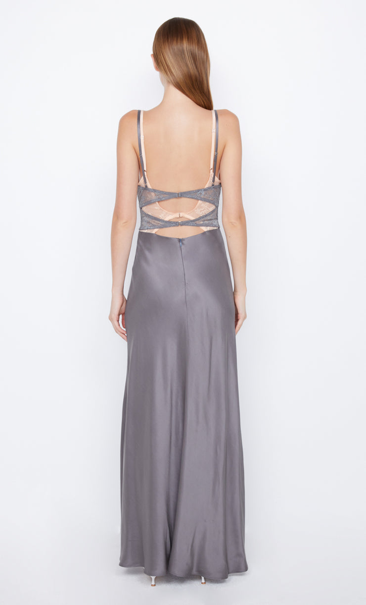 Amoras Cut Out Maxi Dress in grey peach lace by Bec + Bridge