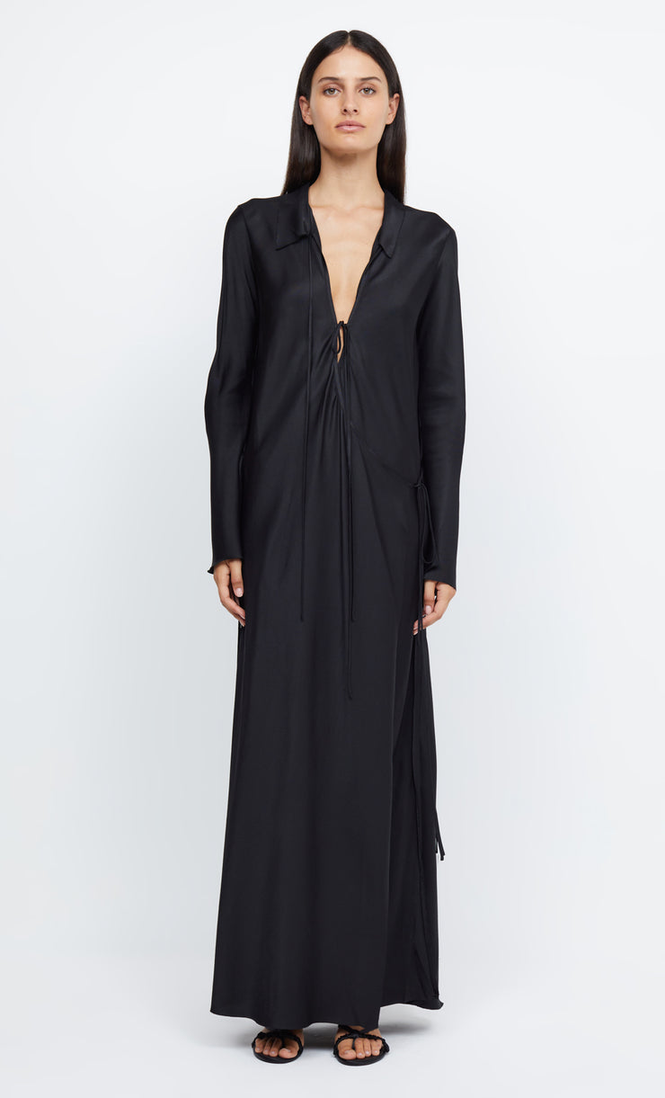 EMERY LONG SLEEVE TIE MAXI DRESS - BLACK