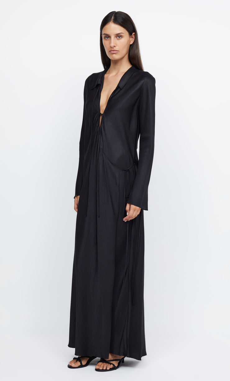 EMERY LONG SLEEVE TIE MAXI DRESS - BLACK