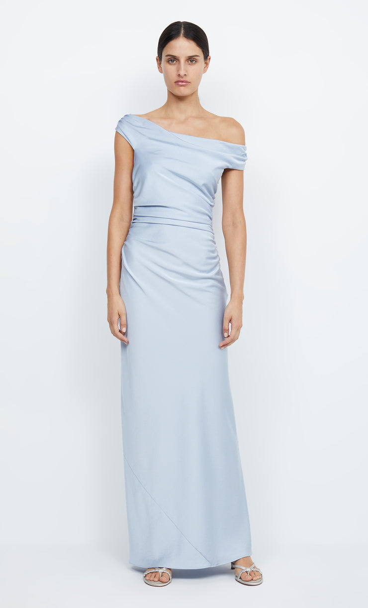 Off-Shoulder Ruched Bodice A-Line Maxi Dress Dusty Blue