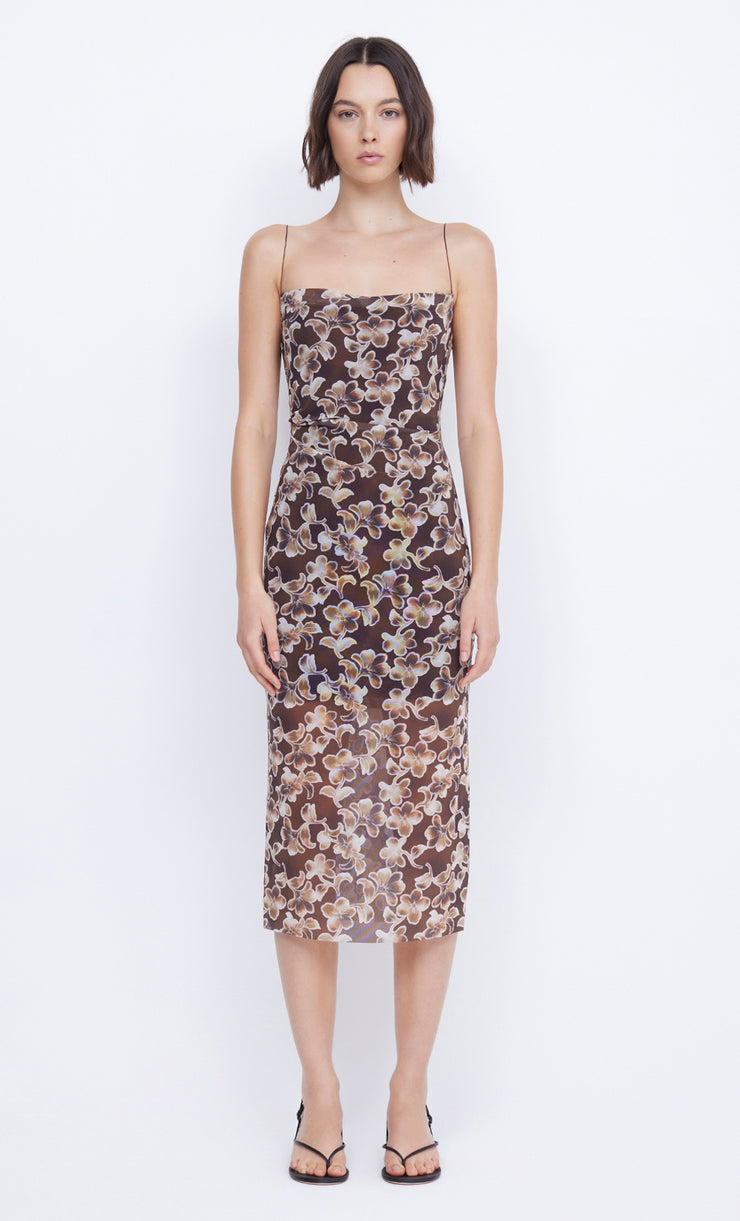 Square Neck Herlani Singlet Midi Dress in Hibiscus Choc Print by Bec + Bridge