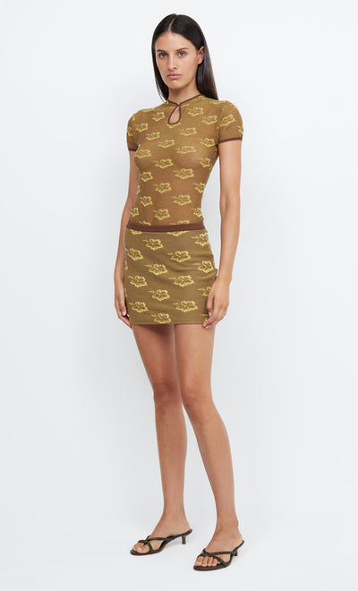 KEONI KNIT MINI SKIRT - CARAMEL HIBISCUS