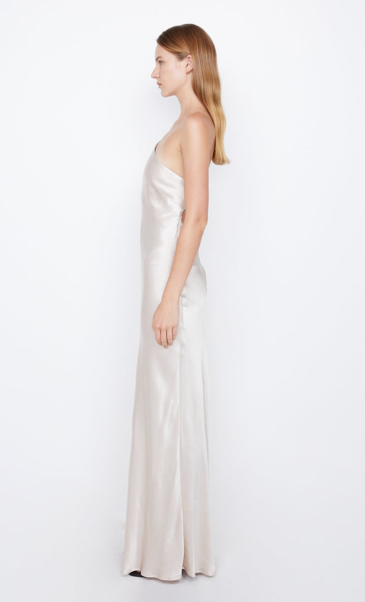 Margaux Asym One Shoulder Maxi Bridesmaid Dress Backless Detail in Sand by Bec + Bridge