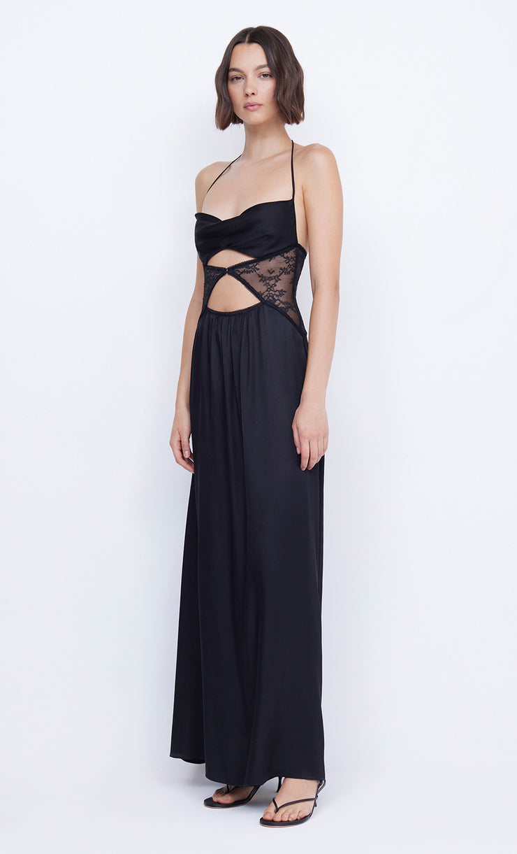 Santal Halter Lace Cutout Maxi Dress in Black by Bec + Bridge
