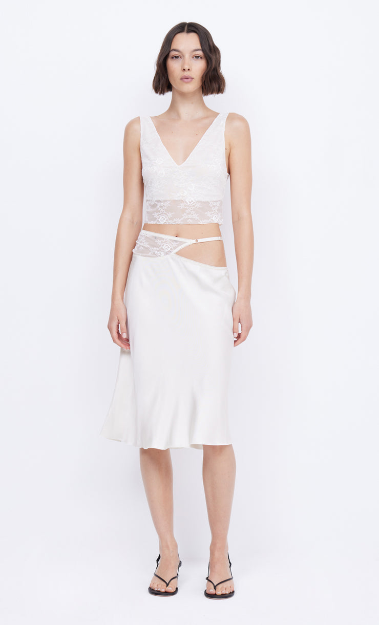 Santal Asym Midi Skirt Lace Detail in White by Bec + BridgeSantal Asym Midi Skirt Lace Detail in White by Bec + Bridge