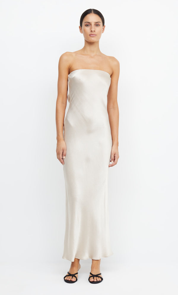 Moon Dance Strapless Bridesmaid Maxi Dress Cutout Back in Sand by Bec + Bridge